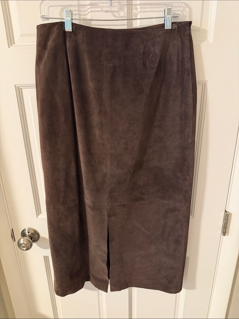 Alfani Dark Brown Genuine Suede Leather Midi Pencil Skirt Front Slit Size 10